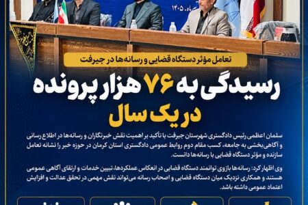 تعامل مؤثر دستگاه قضایی و رسانه‌ها در جیرفت رسیدگی به ۷۶ هزار پرونده در یک سال